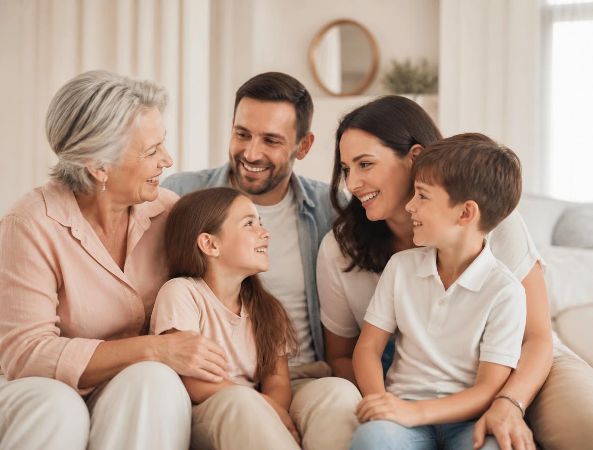 Three generations of a family smiling together at home